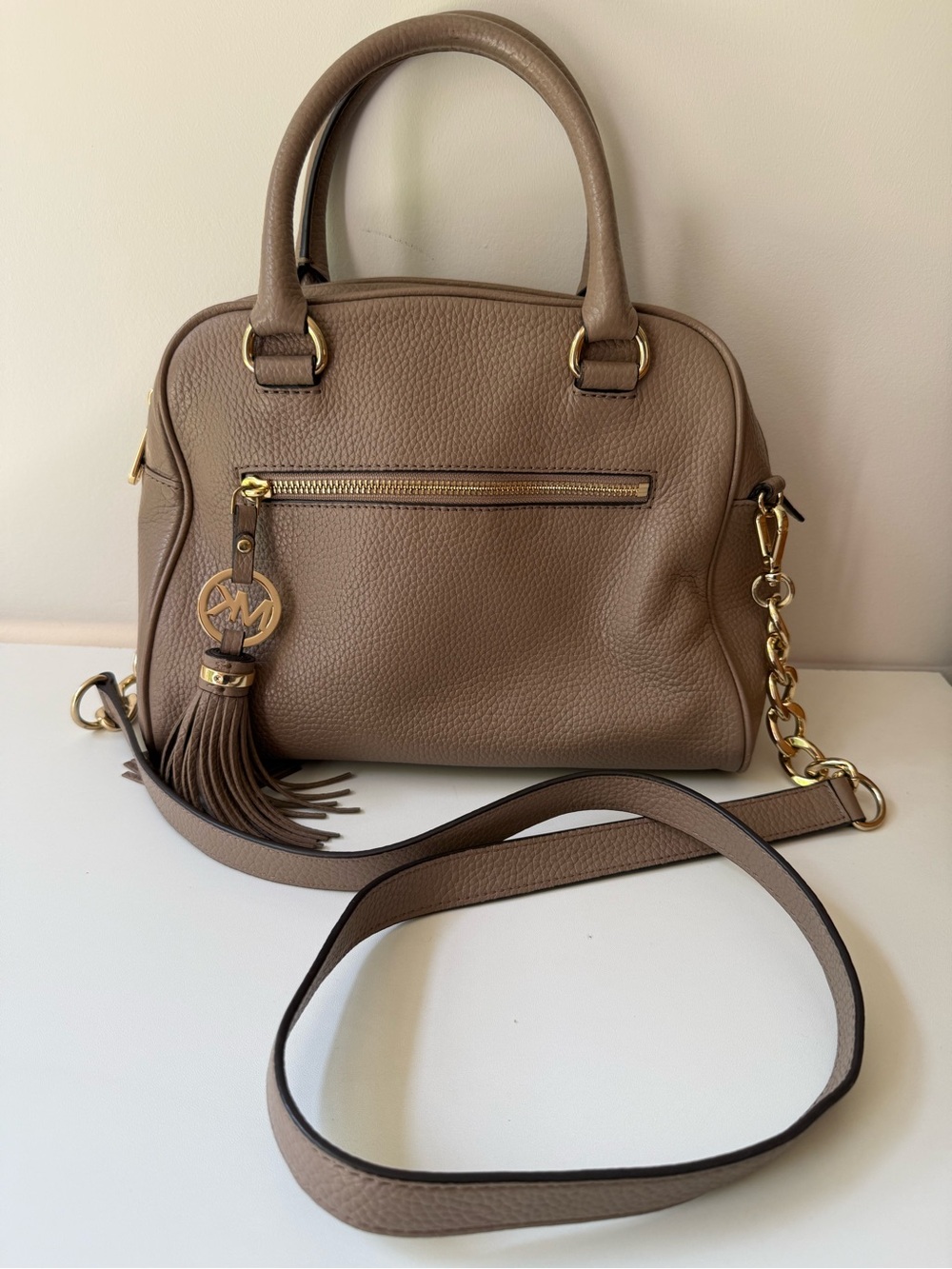 Michael Kors Pebbled Taupe Leather Satchel with Tassel Charm